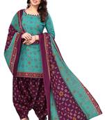 Teal blue printed cotton unstitched salwar salwar suit material