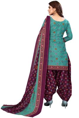 Teal blue printed cotton unstitched salwar salwar suit material 3