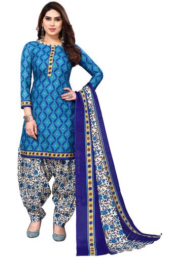 Blue printed cotton unstitched salwar salwar suit material