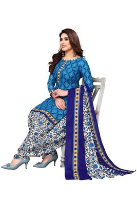 Blue printed cotton unstitched salwar salwar suit material 4