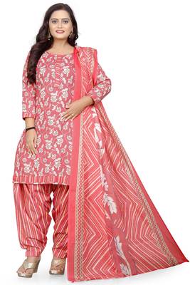 Peach & white printed cotton unstitched salwar salwar suit material 1