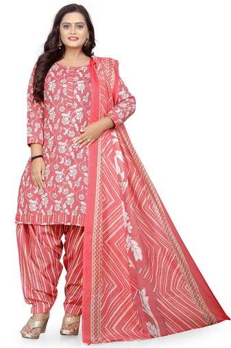 Peach & white printed cotton unstitched salwar salwar suit material