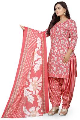 Peach & white printed cotton unstitched salwar salwar suit material 2