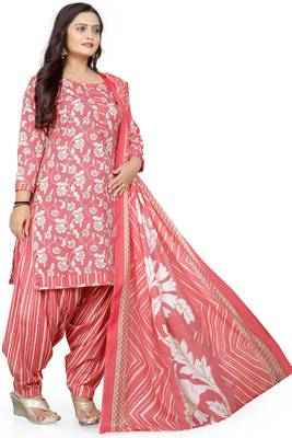 Peach & white printed cotton unstitched salwar salwar suit material 3