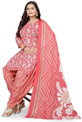 Peach & white printed cotton unstitched salwar salwar suit material 4