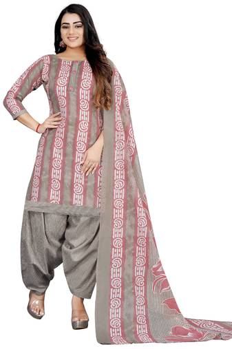 Grey & light pink printed cotton unstitched salwar salwar suit material