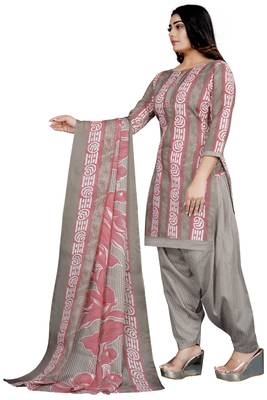 Grey & light pink printed cotton unstitched salwar salwar suit material 2