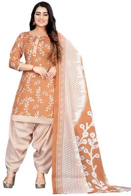 Light orange & white printed cotton unstitched salwar salwar suit material 1