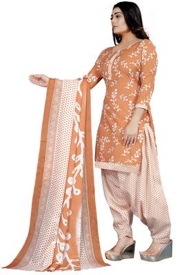 Light orange & white printed cotton unstitched salwar salwar suit material 2