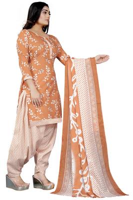 Light orange & white printed cotton unstitched salwar salwar suit material 3