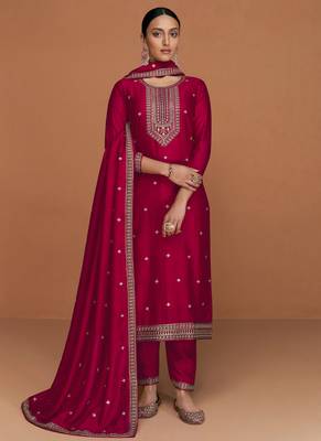 Hot Pink Wedding Wear Silk Straight Suit For Women 1