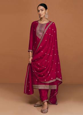 Hot Pink Wedding Wear Silk Straight Suit For Women 3
