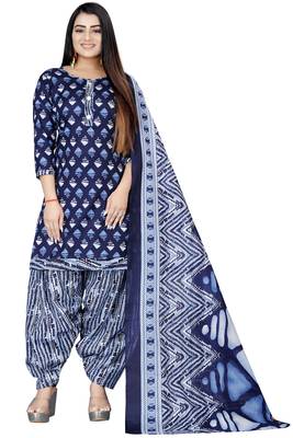 Navy blue printed cotton unstitched salwar salwar suit material 1