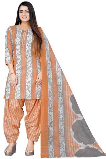 Light orange & grey printed cotton unstitched salwar salwar suit material