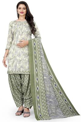 Beige & grey printed cotton unstitched salwar salwar suit material 1