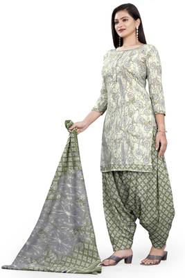 Beige & grey printed cotton unstitched salwar salwar suit material 2
