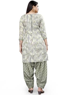 Beige & grey printed cotton unstitched salwar salwar suit material 4
