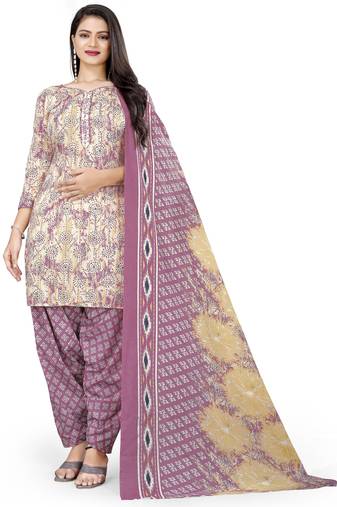Beige & light purple printed cotton unstitched salwar salwar suit material