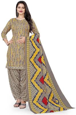 Grey & yellow printed cotton unstitched salwar salwar suit material 1