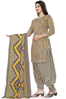 Grey & yellow printed cotton unstitched salwar salwar suit material 2