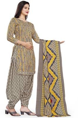 Grey & yellow printed cotton unstitched salwar salwar suit material 3