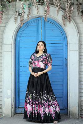 Fancy Girlish Partywear Floral Print Gown For Graceful Looks In Black Colour 2