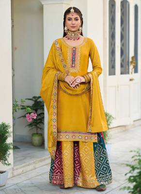 Fancy Palazzo Suit Indian Ethnic Wear in Yellow Hue 1