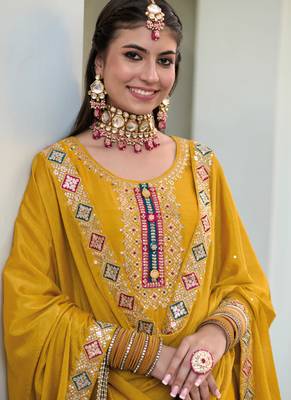 Fancy Palazzo Suit Indian Ethnic Wear in Yellow Hue 2