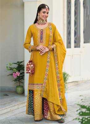 Fancy Palazzo Suit Indian Ethnic Wear in Yellow Hue 3