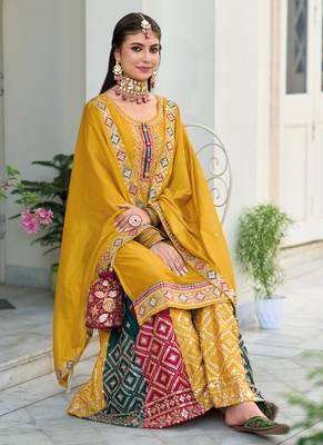 Fancy Palazzo Suit Indian Ethnic Wear in Yellow Hue 4