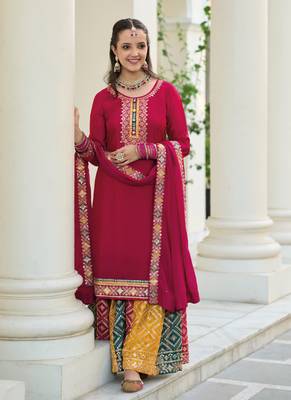 Fancy Palazzo Suit Indian Ethnic Wear in Dark Pink Hue 1