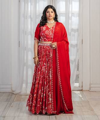 Red Abstract Printed Lehenga Set 1