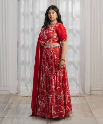 Red Abstract Printed Lehenga Set 2