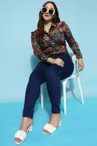 Anushil printed women's casual shirt - stylish floral collar, regular fit, cotton fabric with puff sleeves