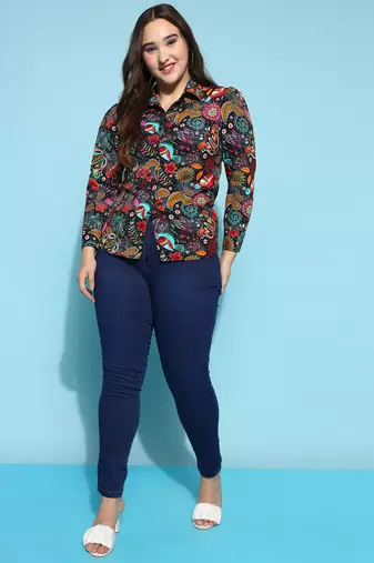 Anushil printed women's casual shirt - stylish floral collar, regular fit, cotton fabric with puff sleeves