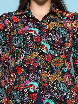 Anushil printed women's casual shirt - stylish floral collar, regular fit, cotton fabric with puff sleeves 5