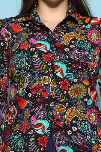 Anushil printed women's casual shirt - stylish floral collar, regular fit, cotton fabric with puff sleeves
