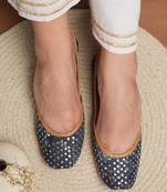 Juttis in denim colour fabric with beautiful embellishments