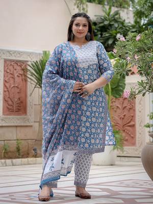 Yufta women blue pure cotton yoke design sequinned plus size plus size kurta with trousers & dupatta 1