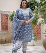 Yufta women blue pure cotton yoke design sequinned plus size plus size kurta with trousers & dupatta
