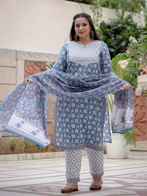 Yufta women blue pure cotton yoke design sequinned plus size plus size kurta with trousers & dupatta 2