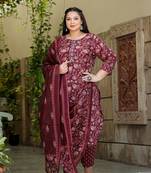  maroon ethnic motifs straight plus size kurta trouser and dupatta set