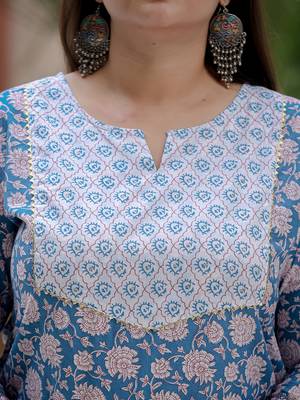 Yufta women blue pure cotton yoke design sequinned plus size plus size kurta with trousers & dupatta 4