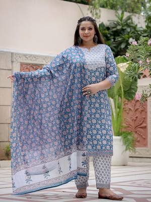 Yufta women blue pure cotton yoke design sequinned plus size plus size kurta with trousers & dupatta 5