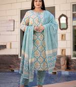 Yufta women sky blue printed plus size straight plus size kurta pants and dupatta set