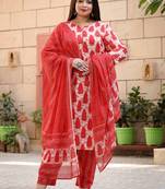 Yufta women red and cream pure cotton plus size plus size kurta with trousers & dupatta