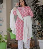 Yufta women pink ethnic motifs straight plus size kurta trouser and dupatta set