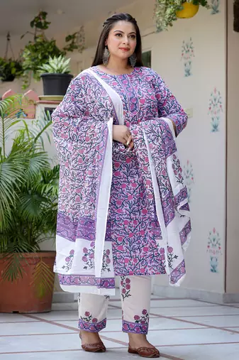  lavender & white ethnic motifs printed plus size kurta with trousers & dupatta