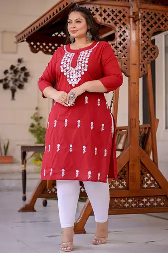  maroon chikankari straight plus size kurta