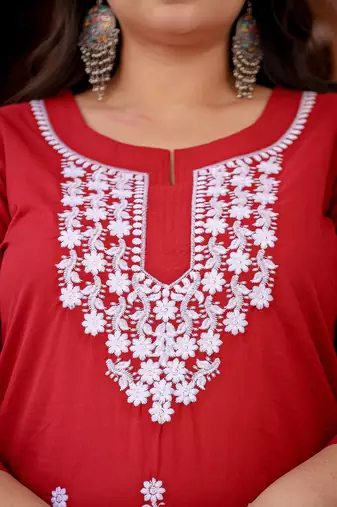  maroon chikankari straight plus size kurta